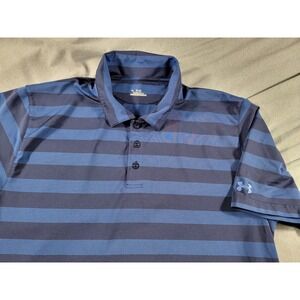 UNDER‎ ARMOUR Mens Navy Blue Striped HeatGear Casual Polo Shirt XL Short Sleeve